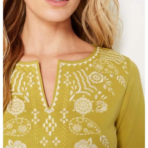 STUNNING J Jill blouse Womens Green Embroidered Long Sleeve V Neck Blouse Peasan - Picture 4 of 14